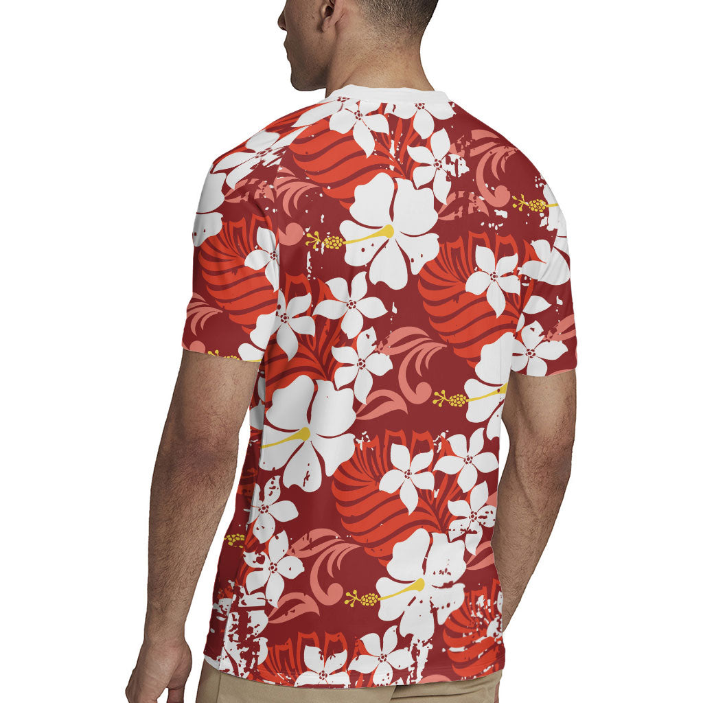 Red Hawaiian Hibiscus Monstera Rugby Jersey Grunge Stylized LT01 - Polynesian Pride