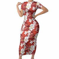 Red Hawaiian Hibiscus Monstera Short Sleeve Bodycon Dress Grunge Stylized