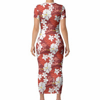 Red Hawaiian Hibiscus Monstera Short Sleeve Bodycon Dress Grunge Stylized