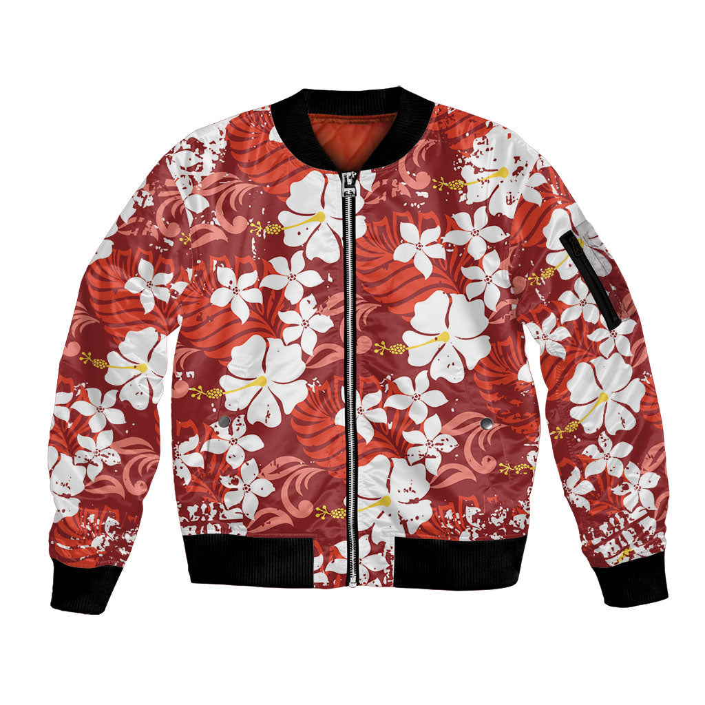 Red Hawaiian Hibiscus Monstera Sleeve Zip Bomber Jacket Grunge Stylized LT01 Unisex Red - Polynesian Pride