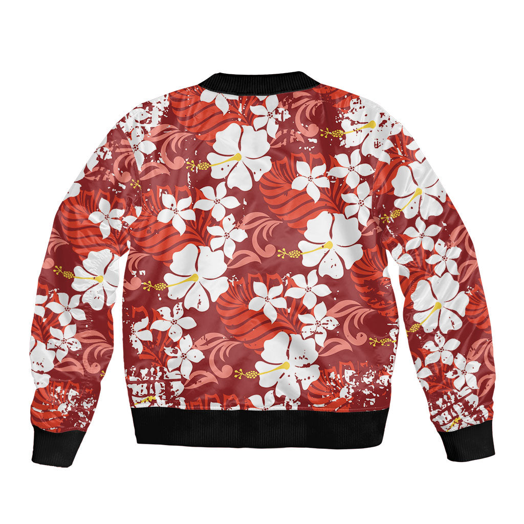 Red Hawaiian Hibiscus Monstera Sleeve Zip Bomber Jacket Grunge Stylized LT01 - Polynesian Pride