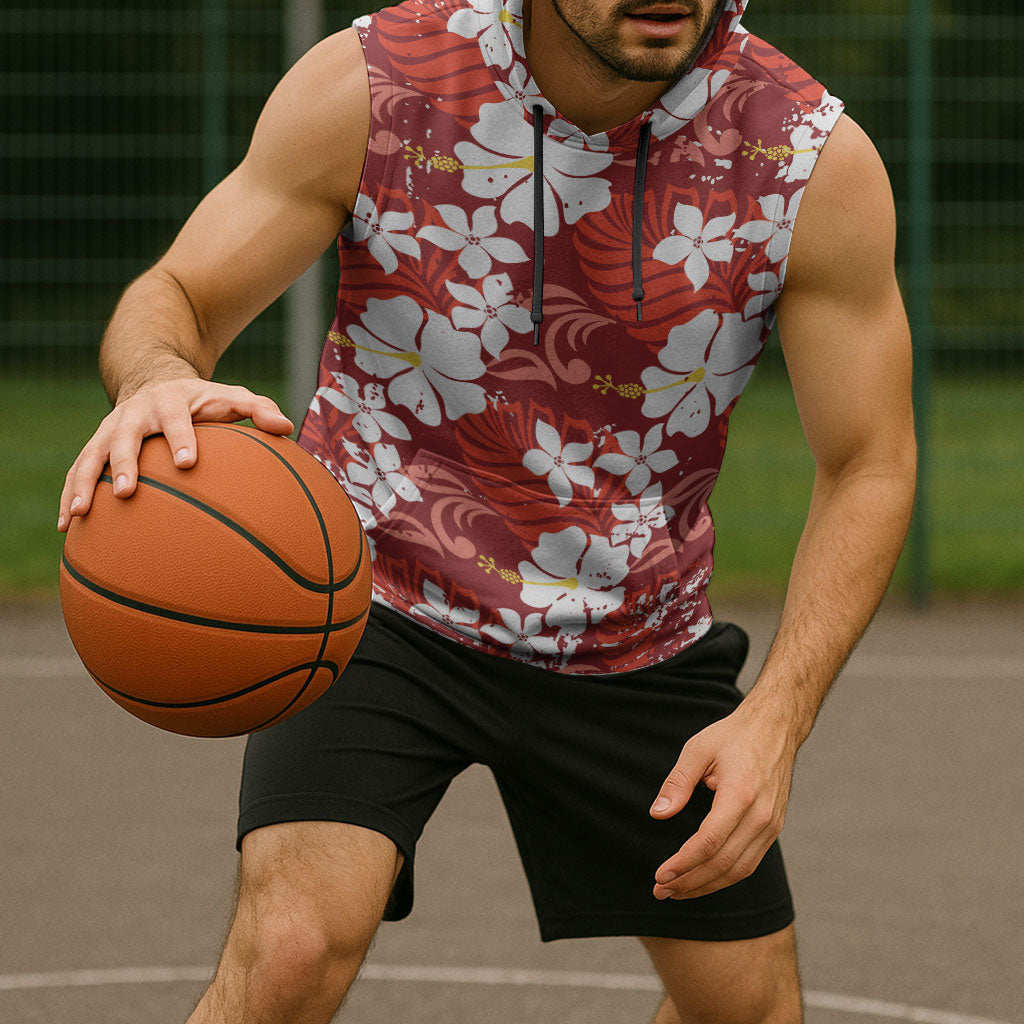 Red Hawaiian Hibiscus Monstera Sleeveless Hoodie Grunge Stylized