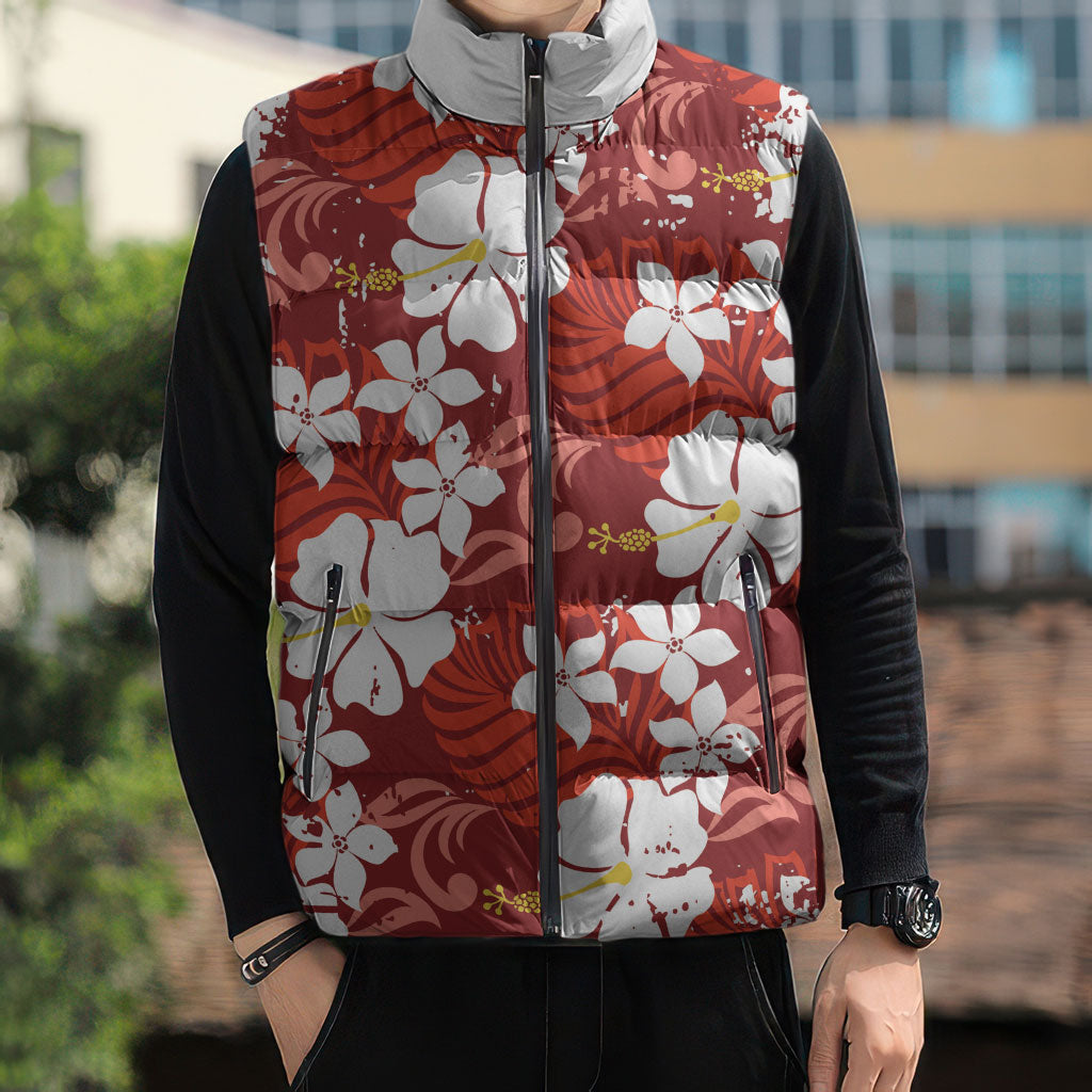 Red Hawaiian Hibiscus Monstera Sleeveless Puffer Jacket Grunge Stylized