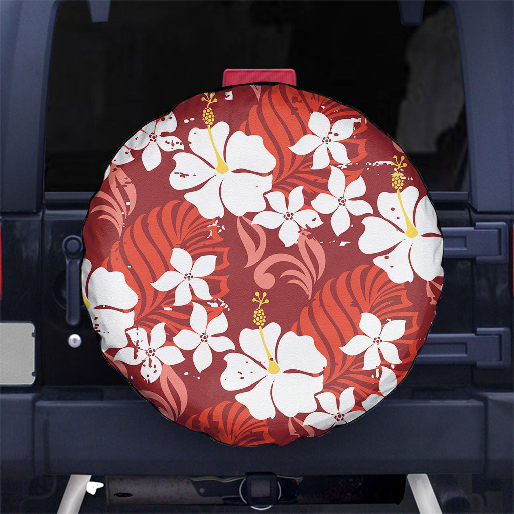 Red Hawaiian Hibiscus Monstera Spare Tire Cover Grunge Stylized LT01 No hole Red - Polynesian Pride