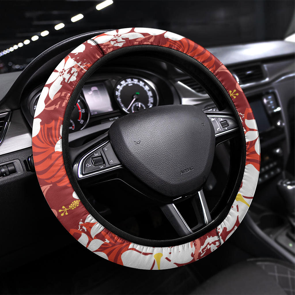 Red Hawaiian Hibiscus Monstera Steering Wheel Cover Grunge Stylized LT01 Universal Fit Red - Polynesian Pride