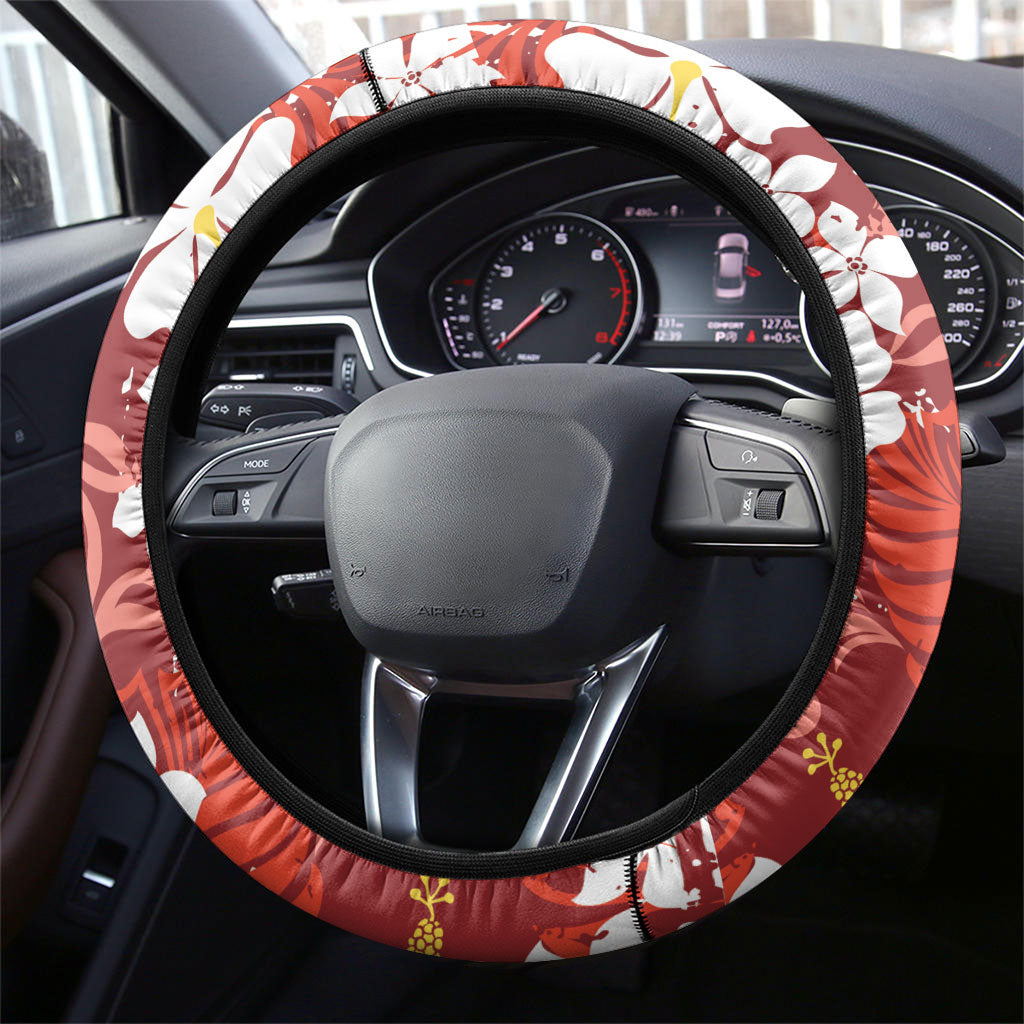 Red Hawaiian Hibiscus Monstera Steering Wheel Cover Grunge Stylized