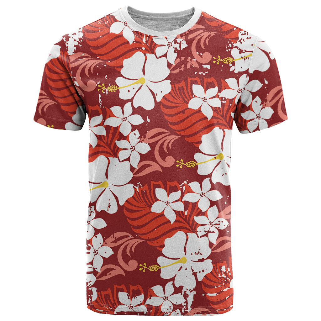 Red Hawaiian Hibiscus Monstera T Shirt Grunge Stylized LT01 Red - Polynesian Pride