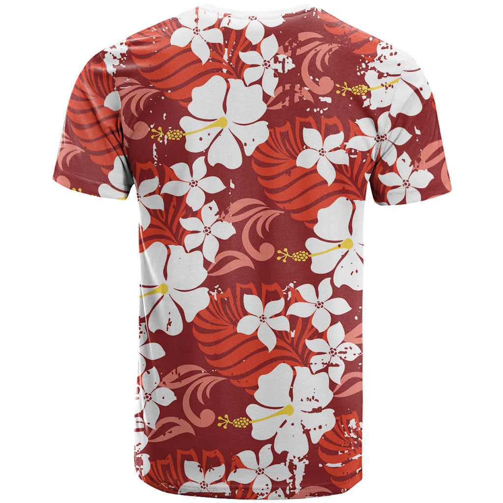 Red Hawaiian Hibiscus Monstera T Shirt Grunge Stylized LT01 - Polynesian Pride