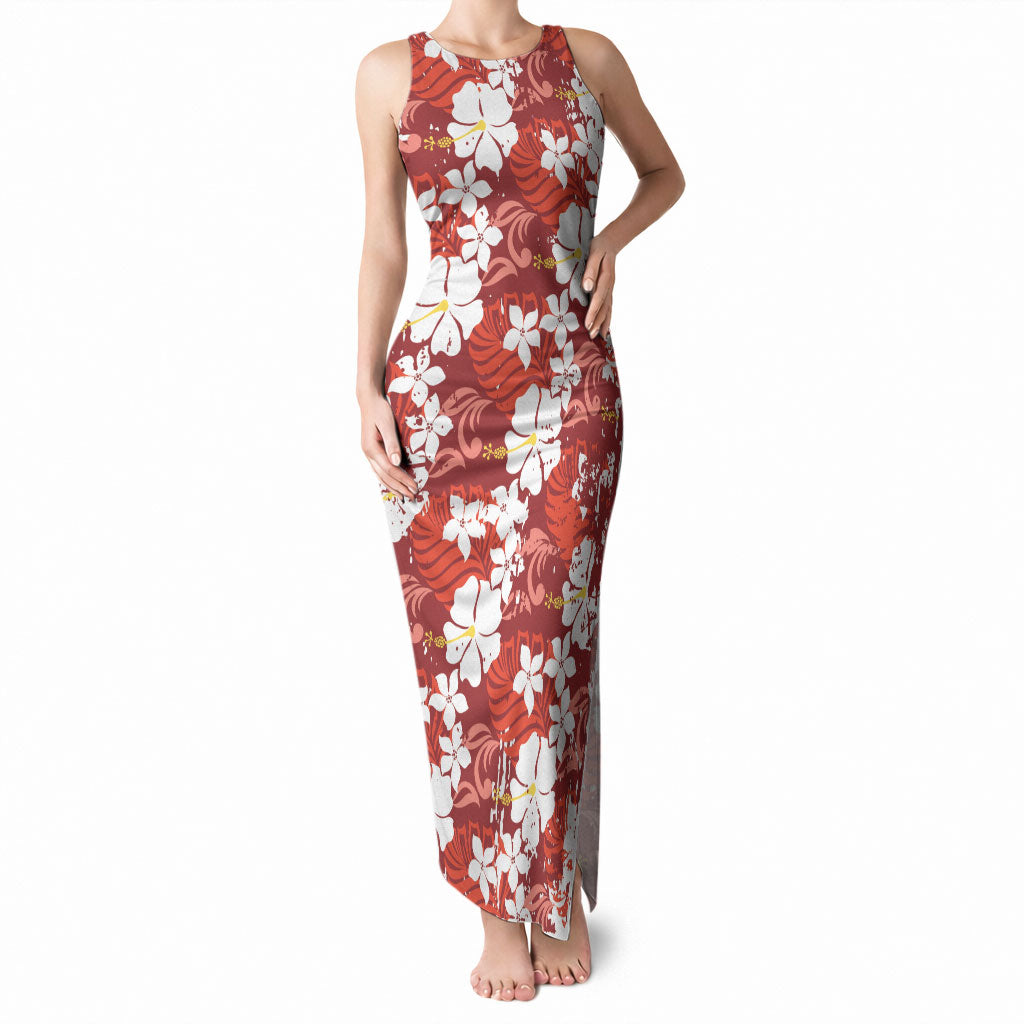 Red Hawaiian Hibiscus Monstera Tank Maxi Dress Grunge Stylized