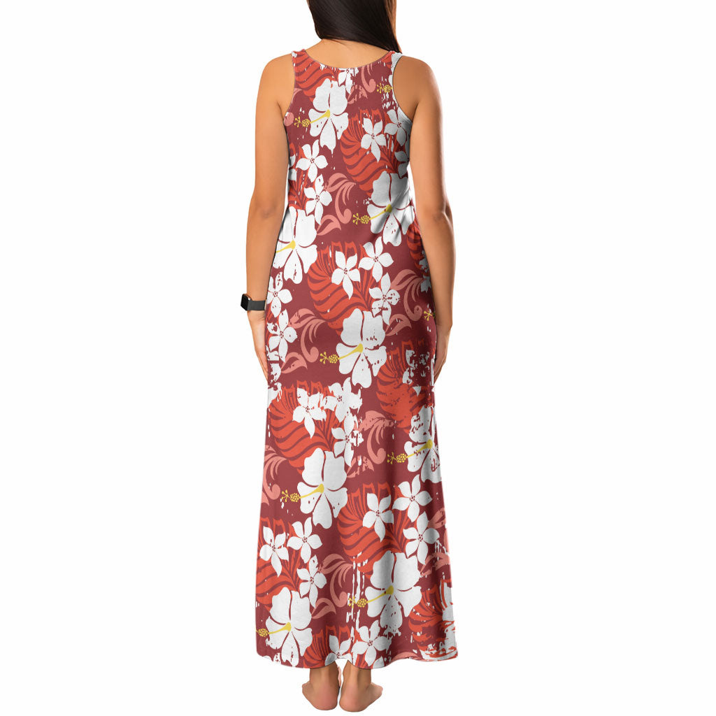 Red Hawaiian Hibiscus Monstera Tank Maxi Dress Grunge Stylized