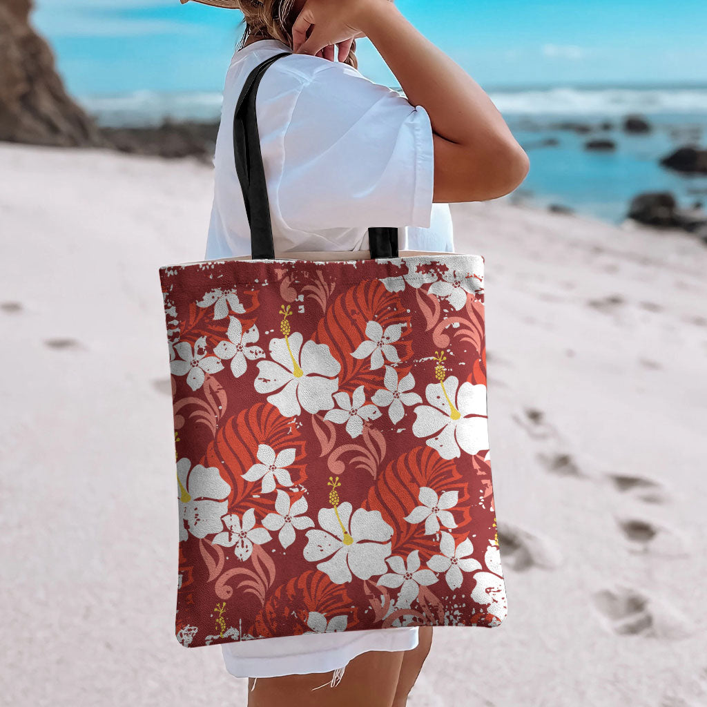 Red Hawaiian Hibiscus Monstera Tote Bag Grunge Stylized