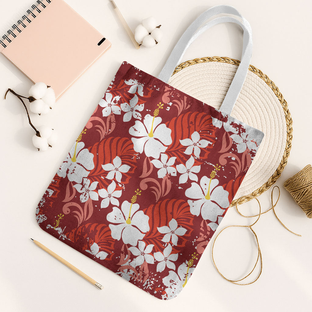Red Hawaiian Hibiscus Monstera Tote Bag Grunge Stylized