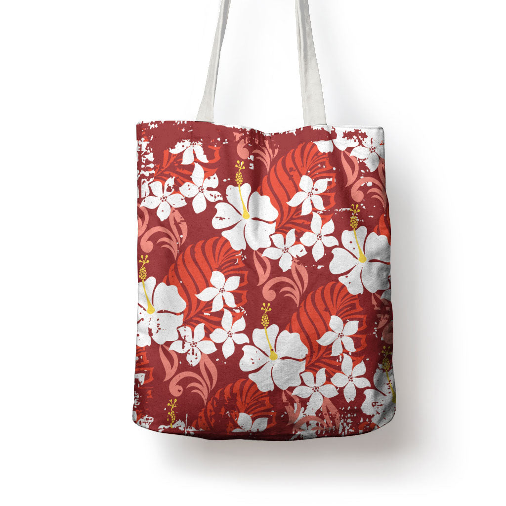 Red Hawaiian Hibiscus Monstera Tote Bag Grunge Stylized