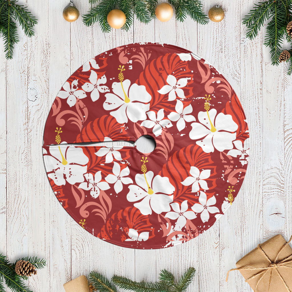 Red Hawaiian Hibiscus Monstera Tree Skirt Grunge Stylized