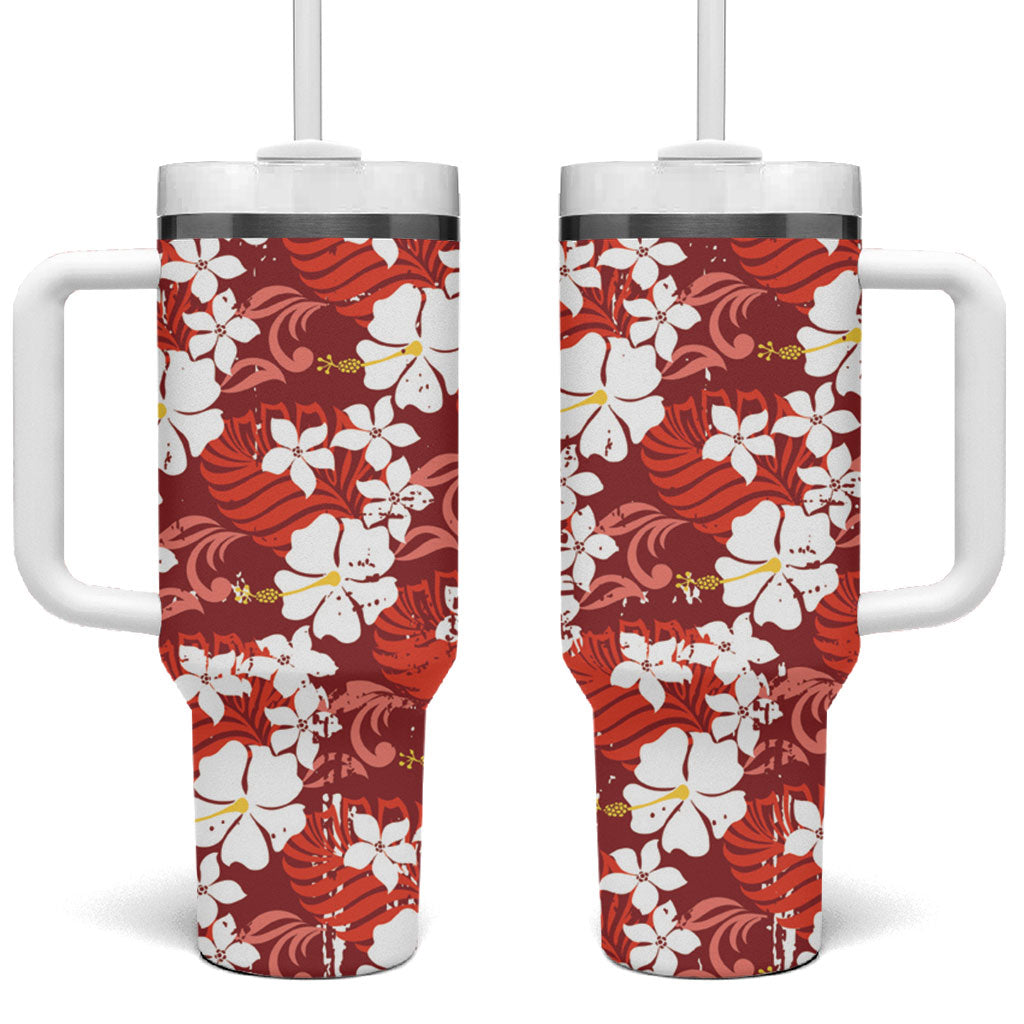 Red Hawaiian Hibiscus Monstera Tumbler With Handle Grunge Stylized LT01 One Size: 40 oz Red - Polynesian Pride