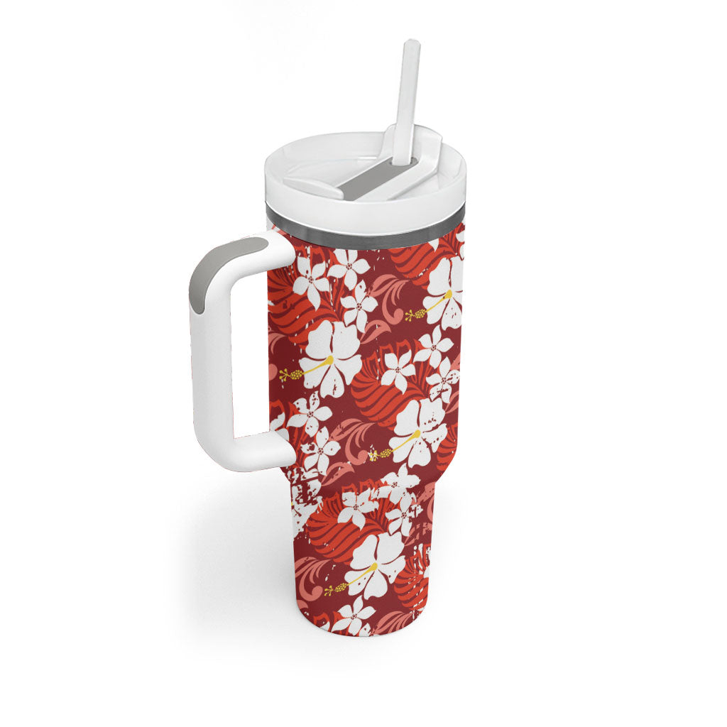 Red Hawaiian Hibiscus Monstera Tumbler With Handle Grunge Stylized