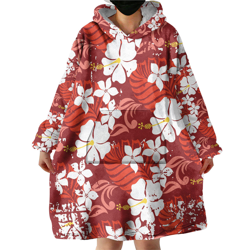 Red Hawaiian Hibiscus Monstera Wearable Blanket Hoodie Grunge Stylized