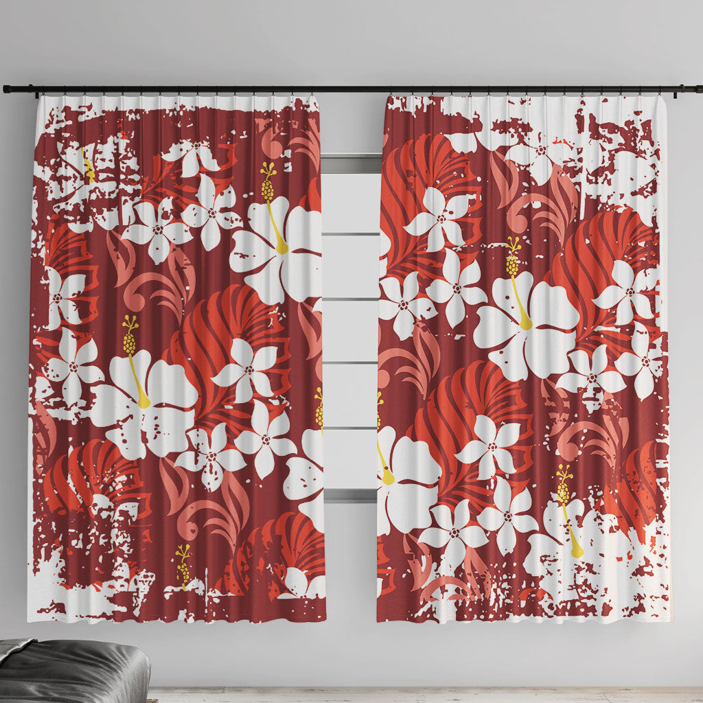 Red Hawaiian Hibiscus Monstera Window Curtain Grunge Stylized