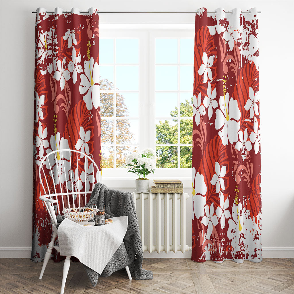 Red Hawaiian Hibiscus Monstera Window Curtain Grunge Stylized