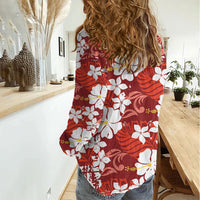 Red Hawaiian Hibiscus Monstera Women Casual Shirt Grunge Stylized