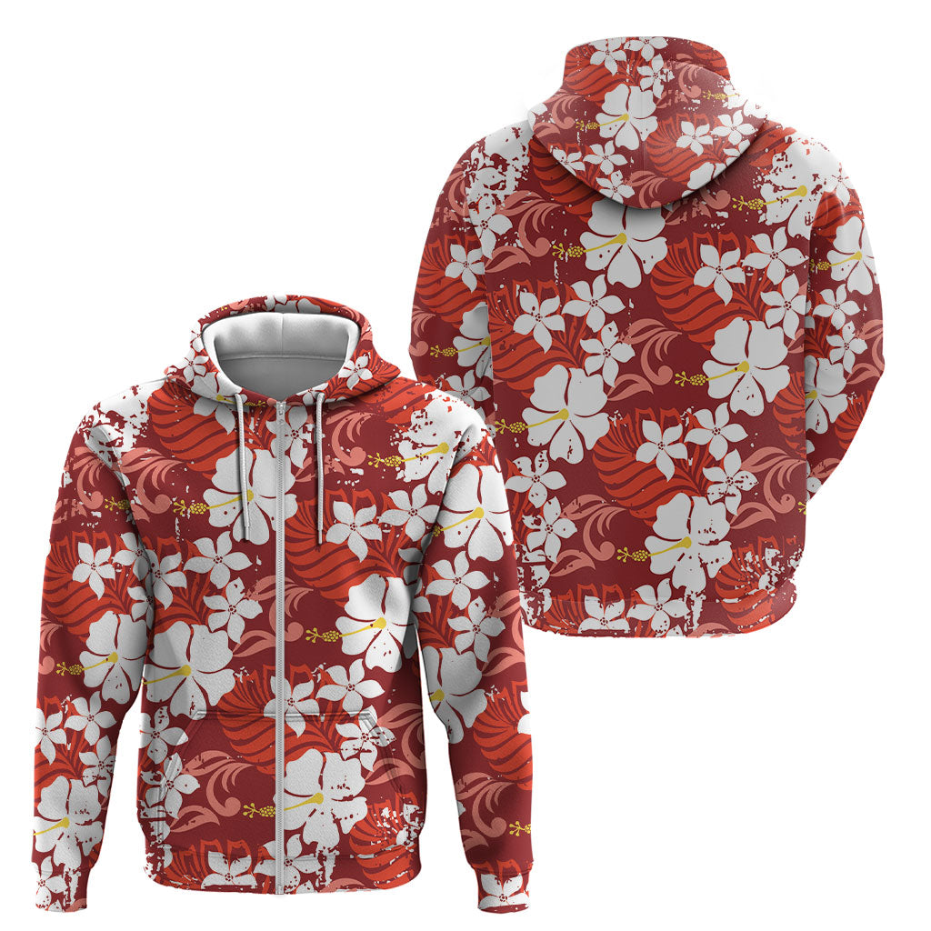 Red Hawaiian Hibiscus Monstera Zip Hoodie Grunge Stylized
