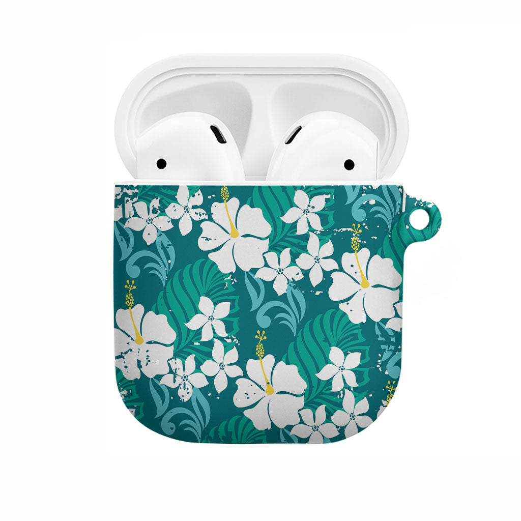 Teal Hawaiian Hibiscus Monstera AirPods Case Grunge Stylized
