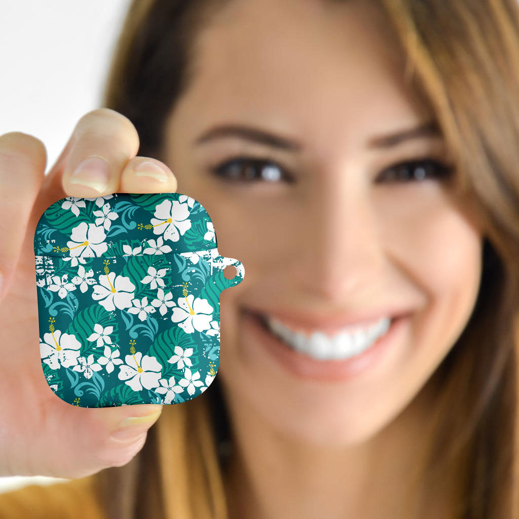 Teal Hawaiian Hibiscus Monstera AirPods Case Grunge Stylized
