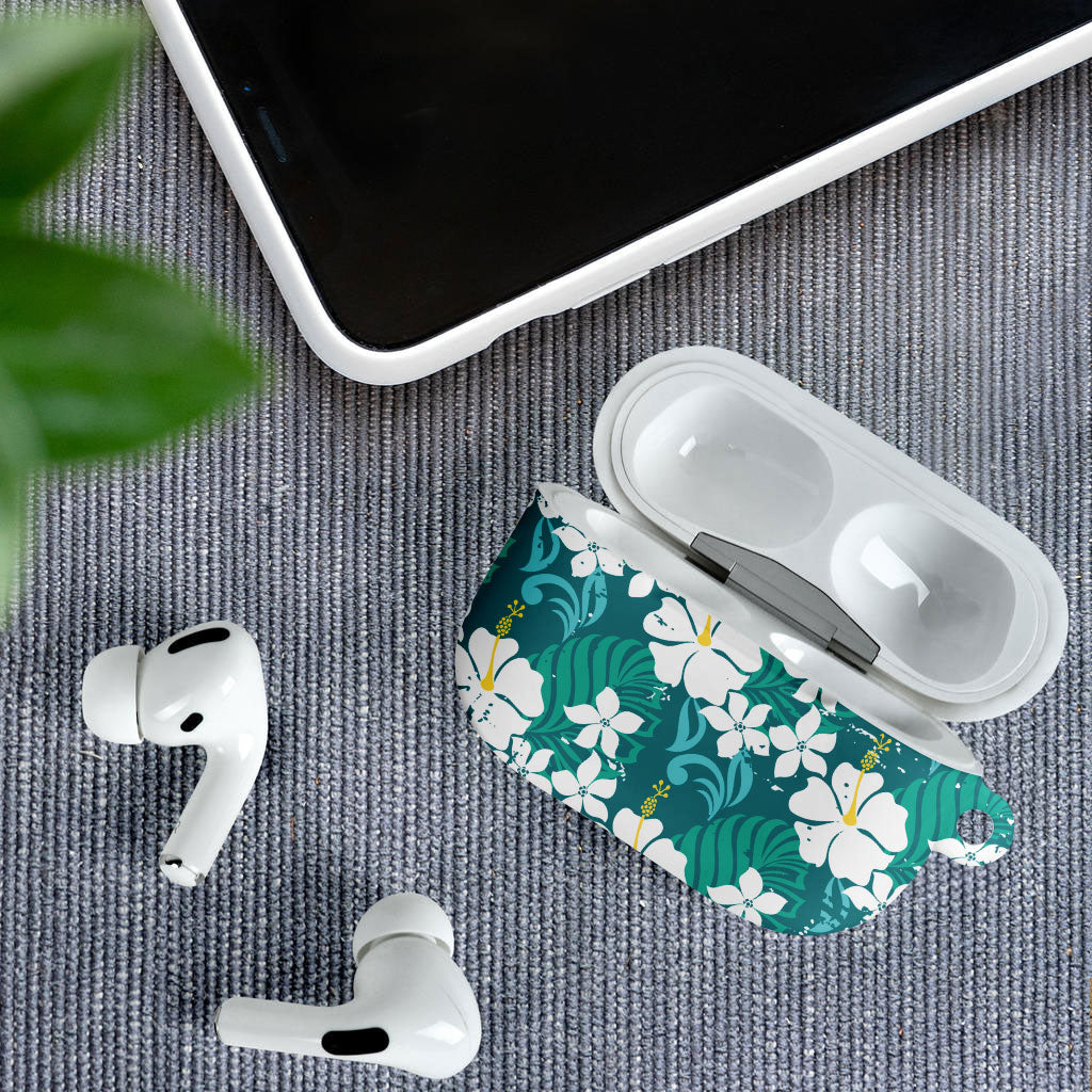 Teal Hawaiian Hibiscus Monstera AirPods Case Grunge Stylized