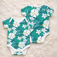 Teal Hawaiian Hibiscus Monstera Baby Onesie Grunge Stylized