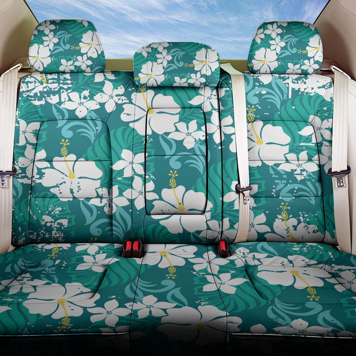 Teal Hawaiian Hibiscus Monstera Back Car Seat Cover Grunge Stylized