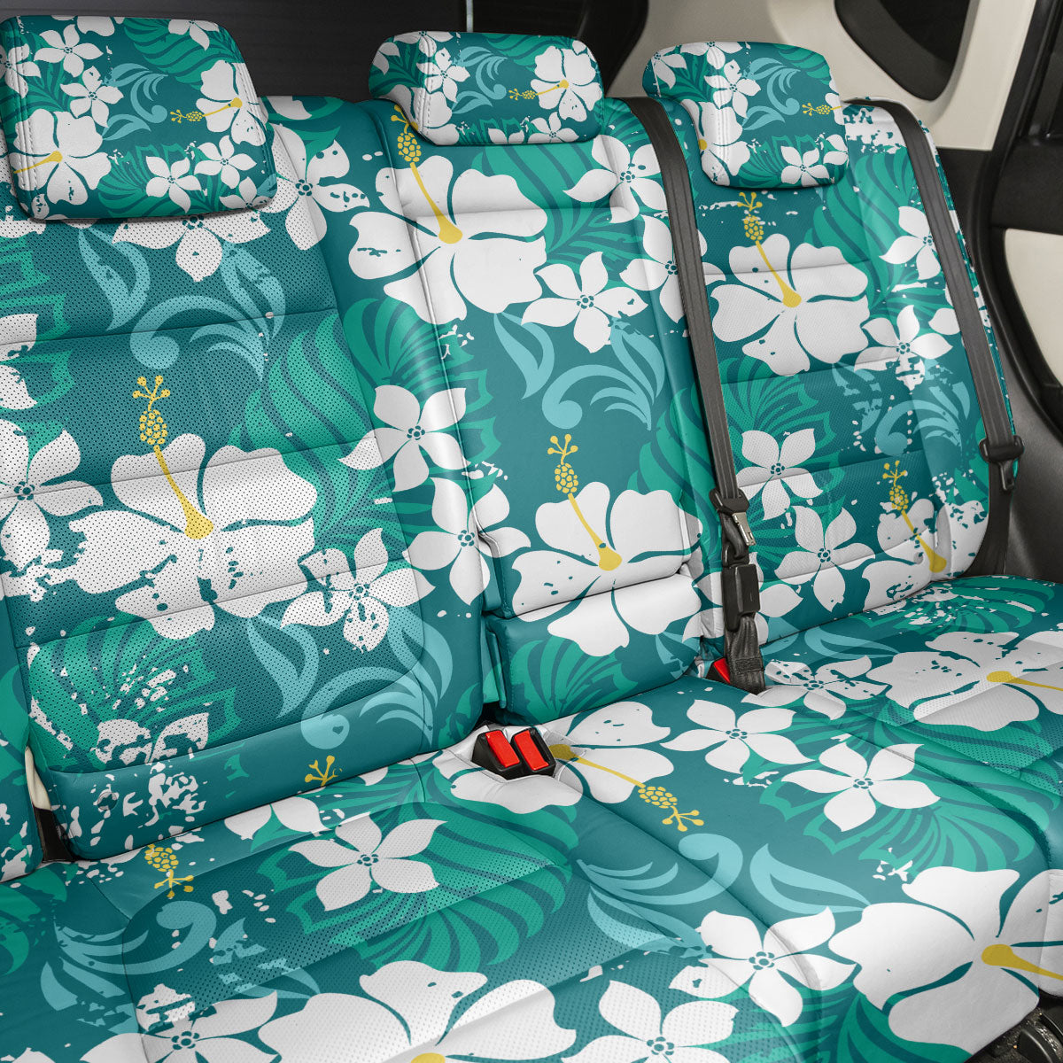 Teal Hawaiian Hibiscus Monstera Back Car Seat Cover Grunge Stylized