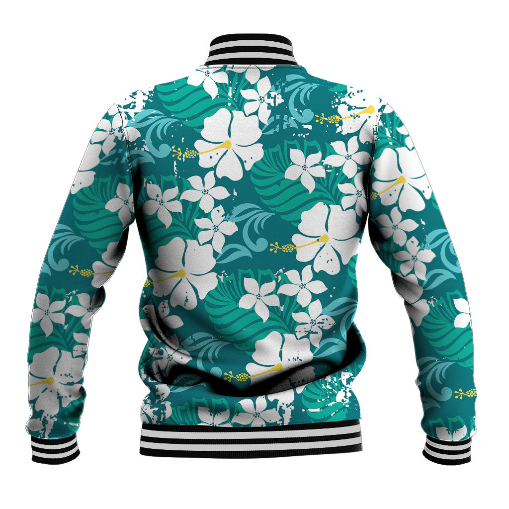 Teal Hawaiian Hibiscus Monstera Baseball Jacket Grunge Stylized LT01 - Polynesian Pride