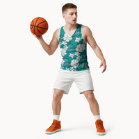 Teal Hawaiian Hibiscus Monstera Basketball Jersey Grunge Stylized