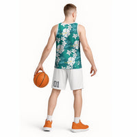 Teal Hawaiian Hibiscus Monstera Basketball Jersey Grunge Stylized
