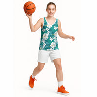Teal Hawaiian Hibiscus Monstera Basketball Jersey Grunge Stylized