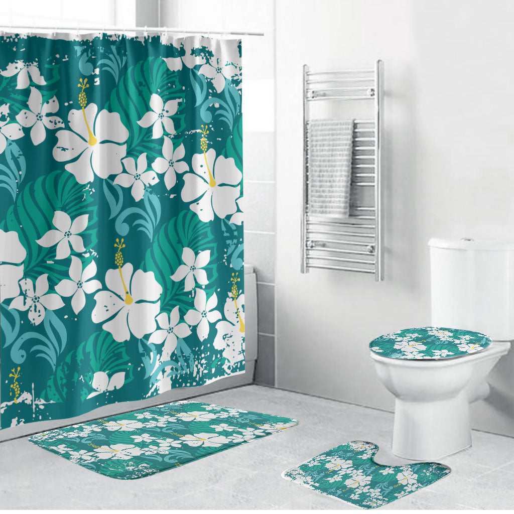 Teal Hawaiian Hibiscus Monstera Bathroom Set Grunge Stylized LT01 Bathroom Set (4 pcs) Teal - Polynesian Pride