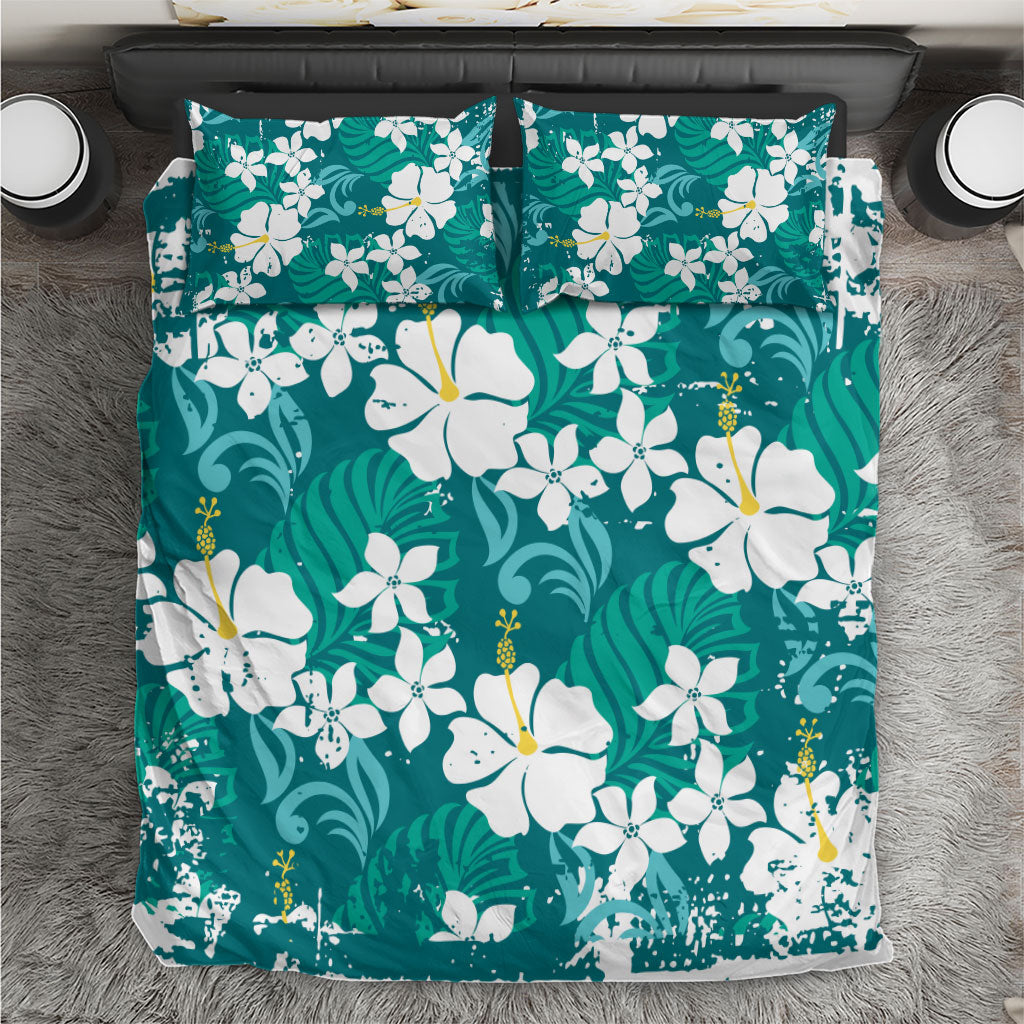 Teal Hawaiian Hibiscus Monstera Bedding Set Grunge Stylized LT01 Teal - Polynesian Pride