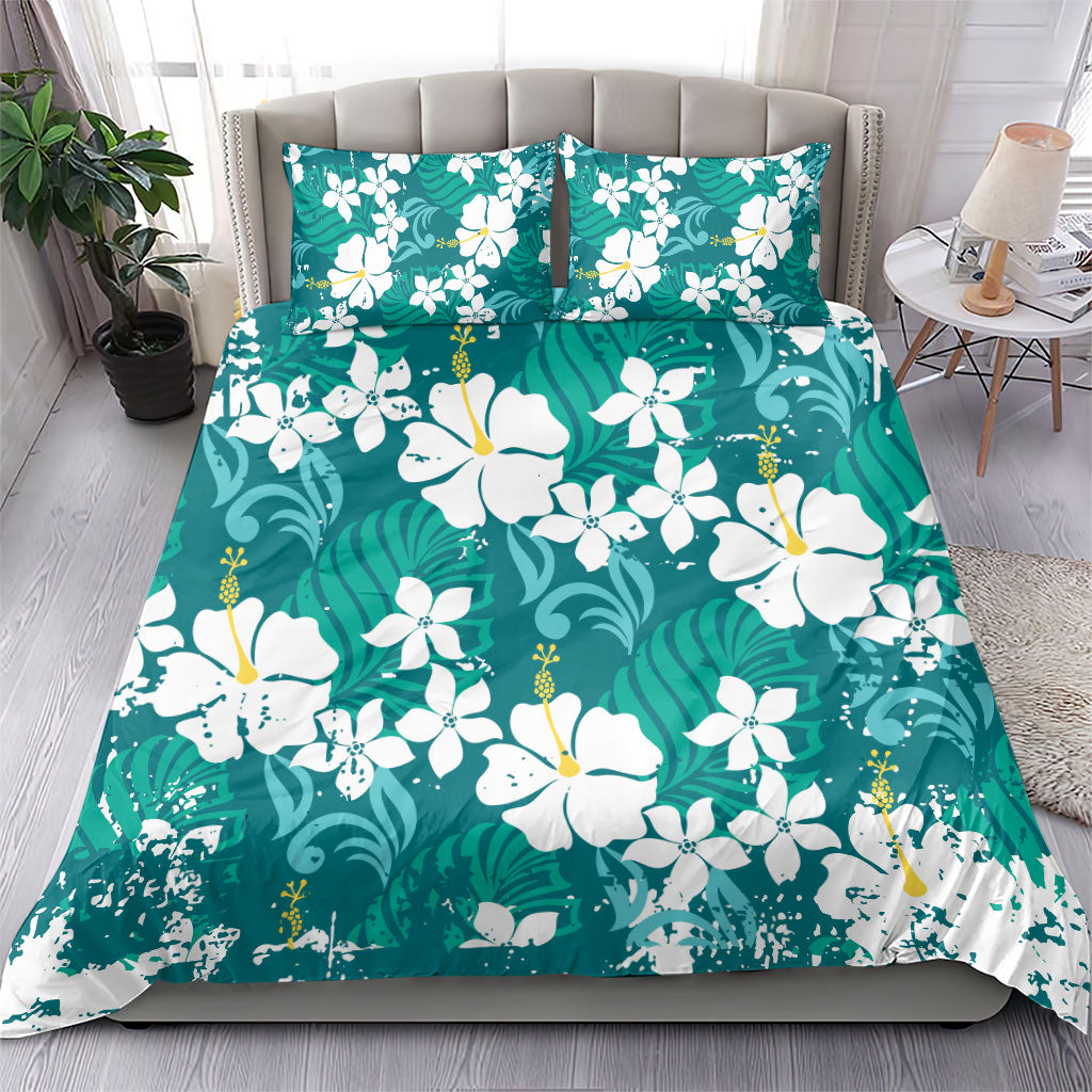 Teal Hawaiian Hibiscus Monstera Bedding Set Grunge Stylized LT01 - Polynesian Pride