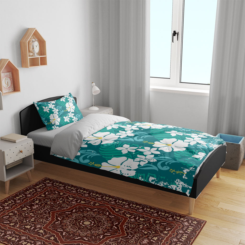 Teal Hawaiian Hibiscus Monstera Bedding Set Grunge Stylized LT01 - Polynesian Pride