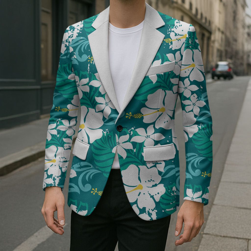 Teal Hawaiian Hibiscus Monstera Blazer Grunge Stylized
