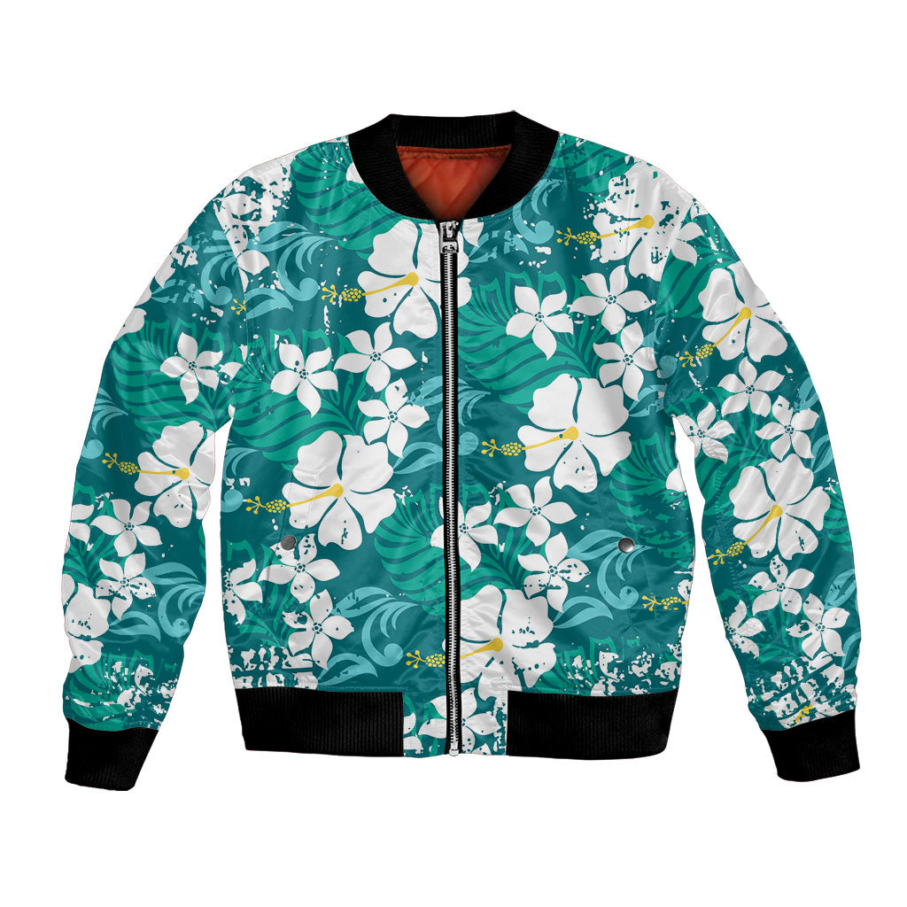 Teal Hawaiian Hibiscus Monstera Bomber Jacket Grunge Stylized LT01 Unisex Teal - Polynesian Pride