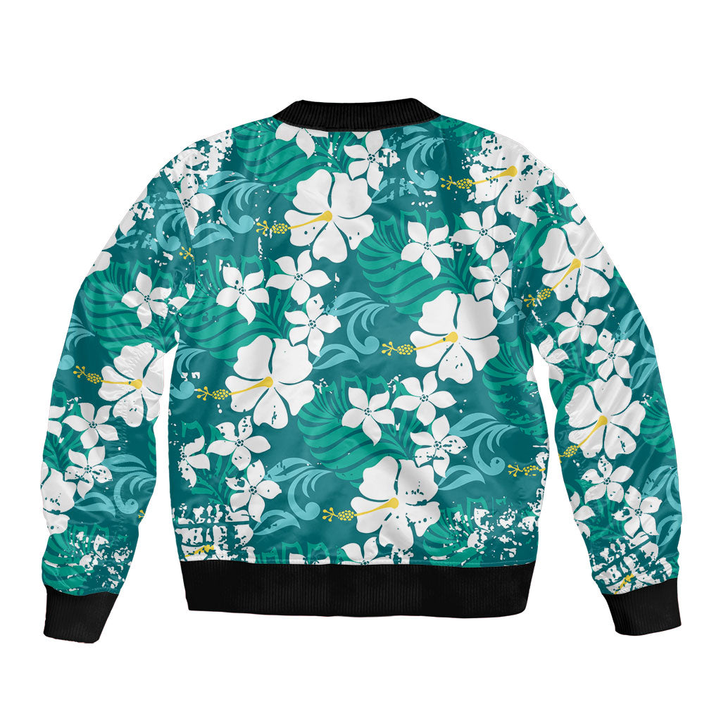Teal Hawaiian Hibiscus Monstera Bomber Jacket Grunge Stylized LT01 - Polynesian Pride