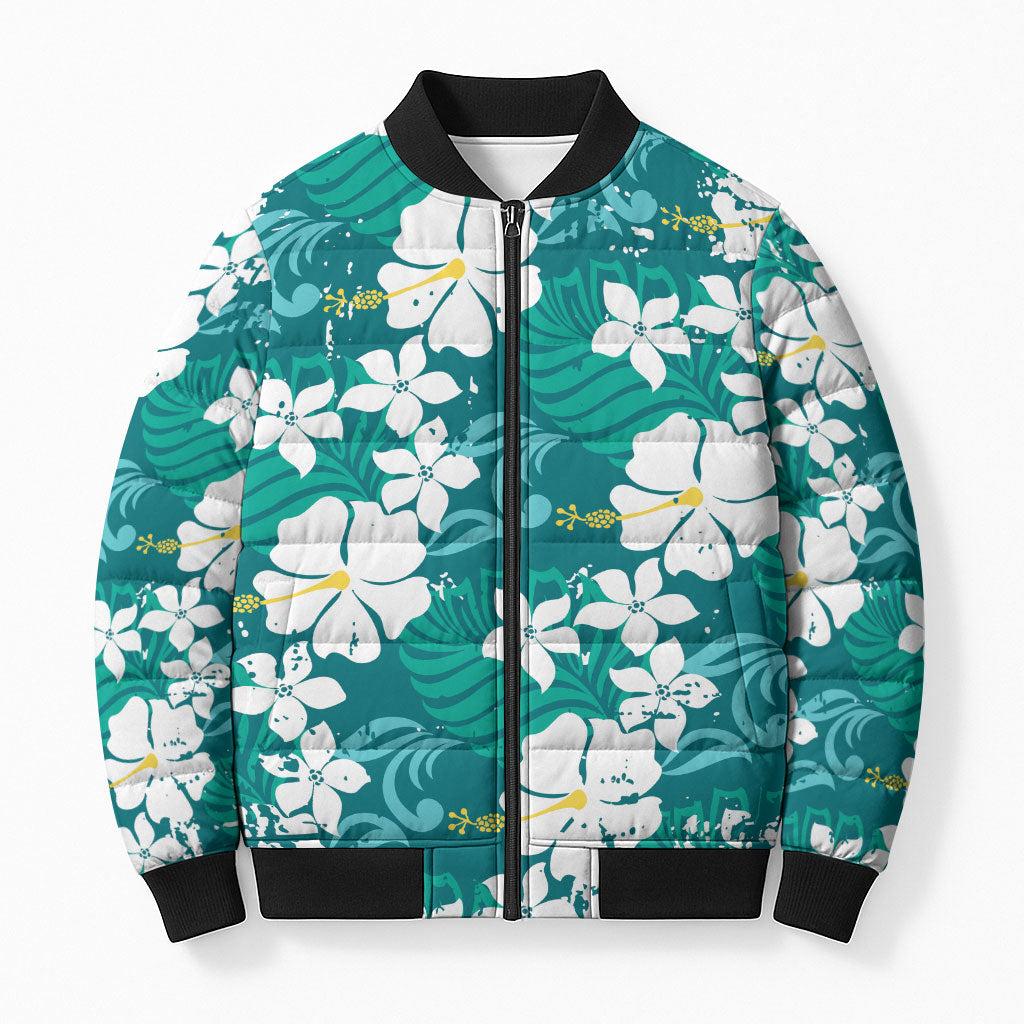 Teal Hawaiian Hibiscus Monstera Bomber Puffer Jacket Grunge Stylized