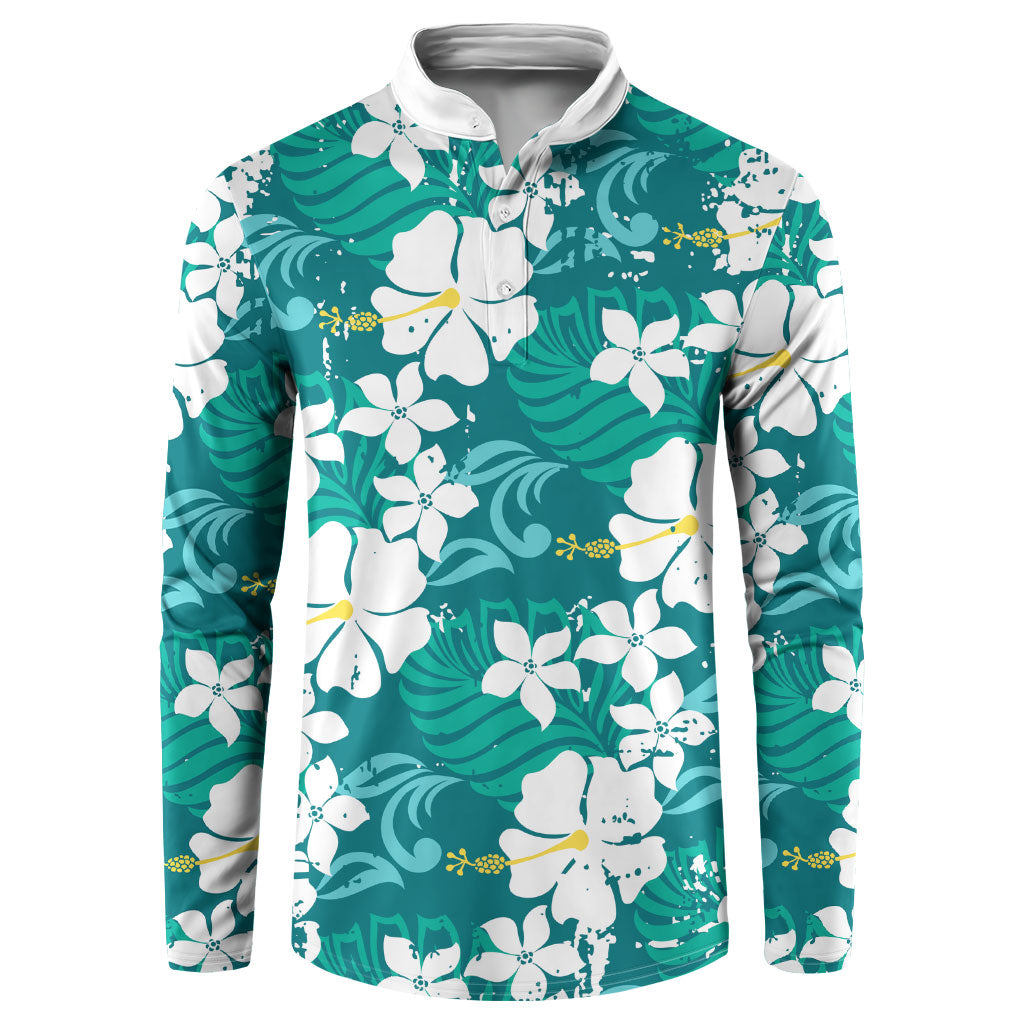 Teal Hawaiian Hibiscus Monstera Button Sweatshirt Grunge Stylized
