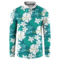 Teal Hawaiian Hibiscus Monstera Button Sweatshirt Grunge Stylized