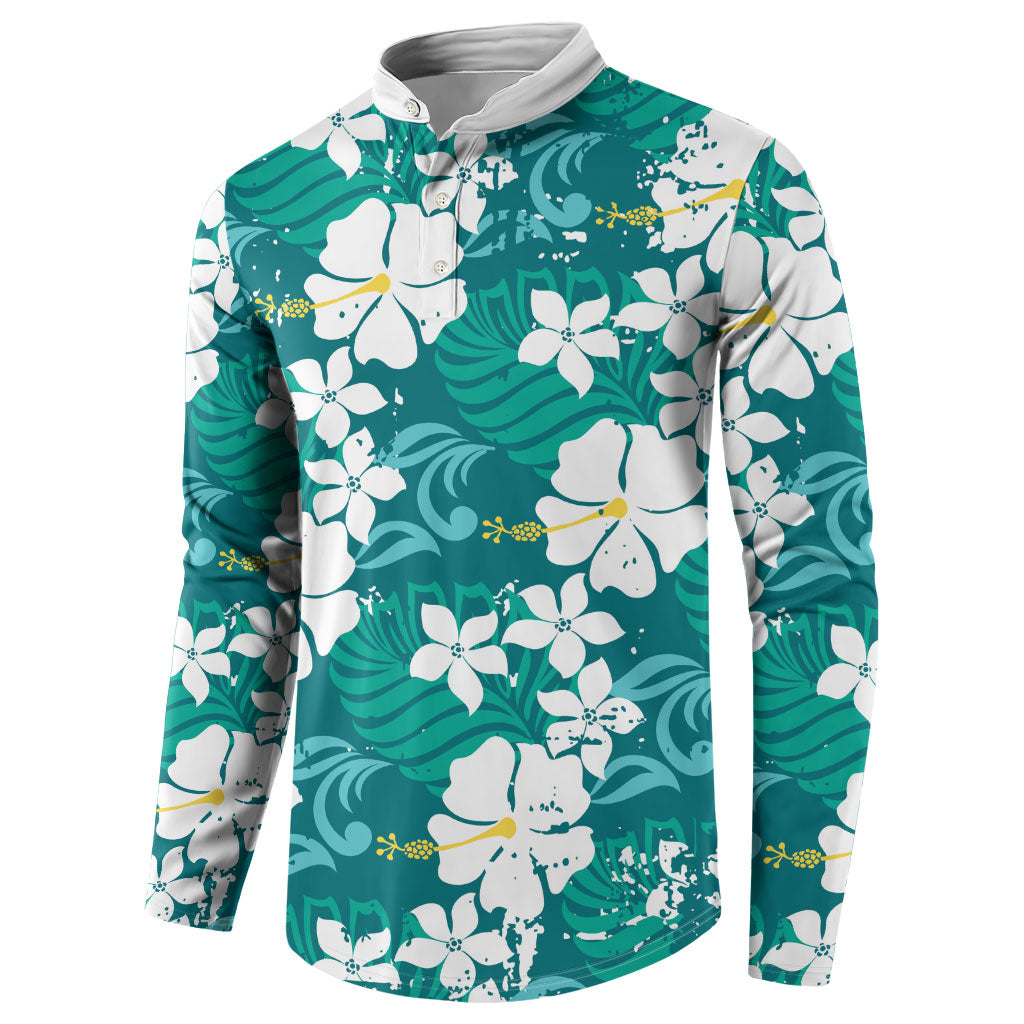 Teal Hawaiian Hibiscus Monstera Button Sweatshirt Grunge Stylized