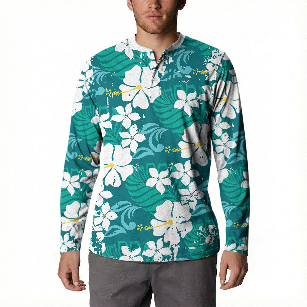 Teal Hawaiian Hibiscus Monstera Button Sweatshirt Grunge Stylized