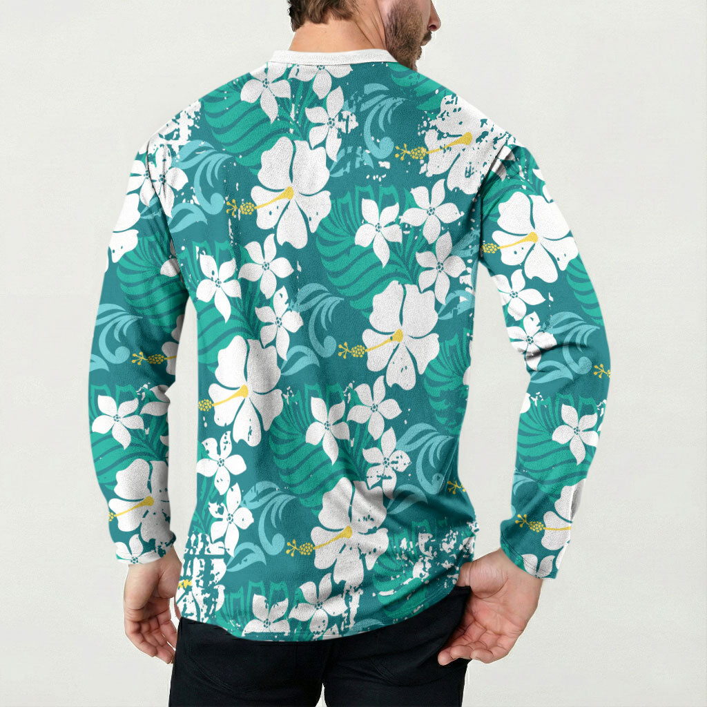Teal Hawaiian Hibiscus Monstera Button Sweatshirt Grunge Stylized