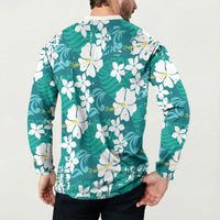Teal Hawaiian Hibiscus Monstera Button Sweatshirt Grunge Stylized