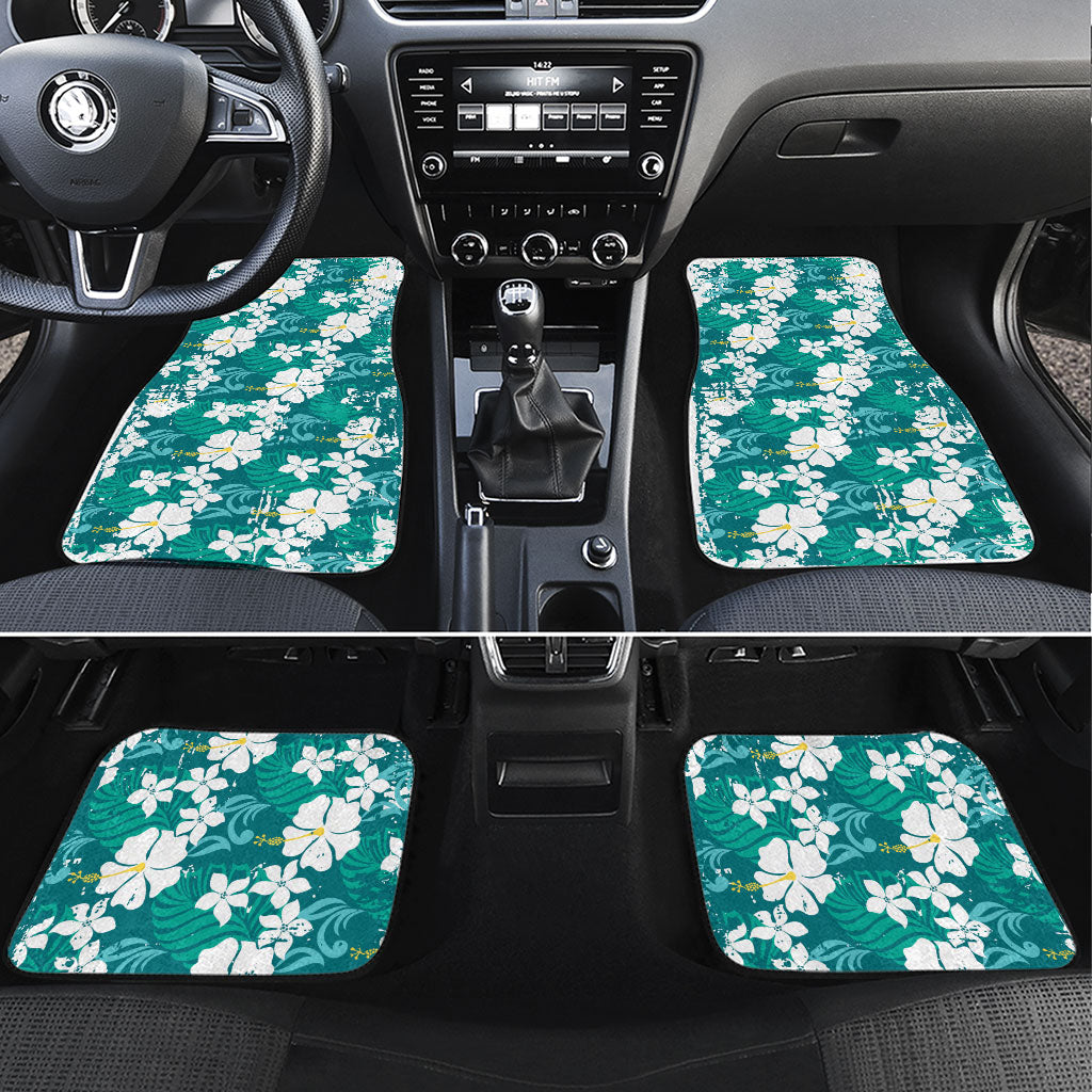 Teal Hawaiian Hibiscus Monstera Car Mats Grunge Stylized LT01 Set 4pcs Teal - Polynesian Pride